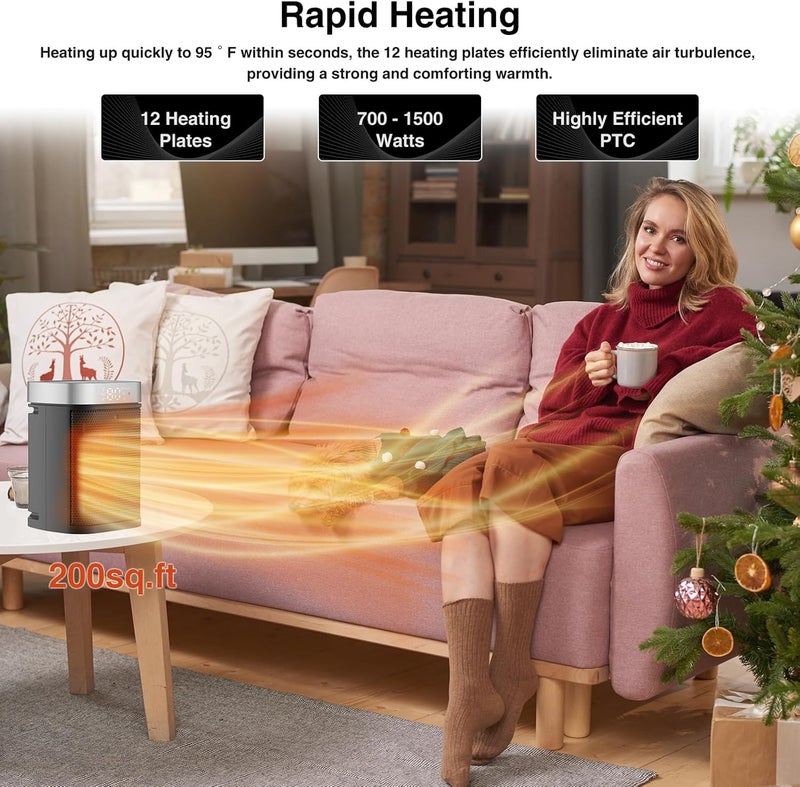 VOCRS Small Portable Space Heater for Indoor Use - 1500W PTC Electric Heater with Thermostat, Remote Control, 12H Timer, Eco and Fan Mode, Rapid and Safe Heating for Bedroom, Office - Image 5